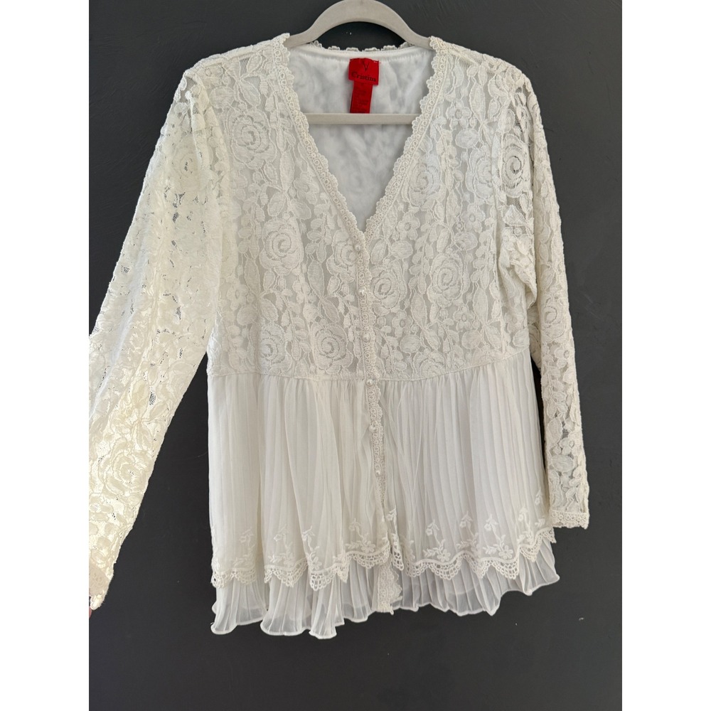 White Y2k Vintage Victorian Romantic Floral Lace Pleated Peplum Blouse XL